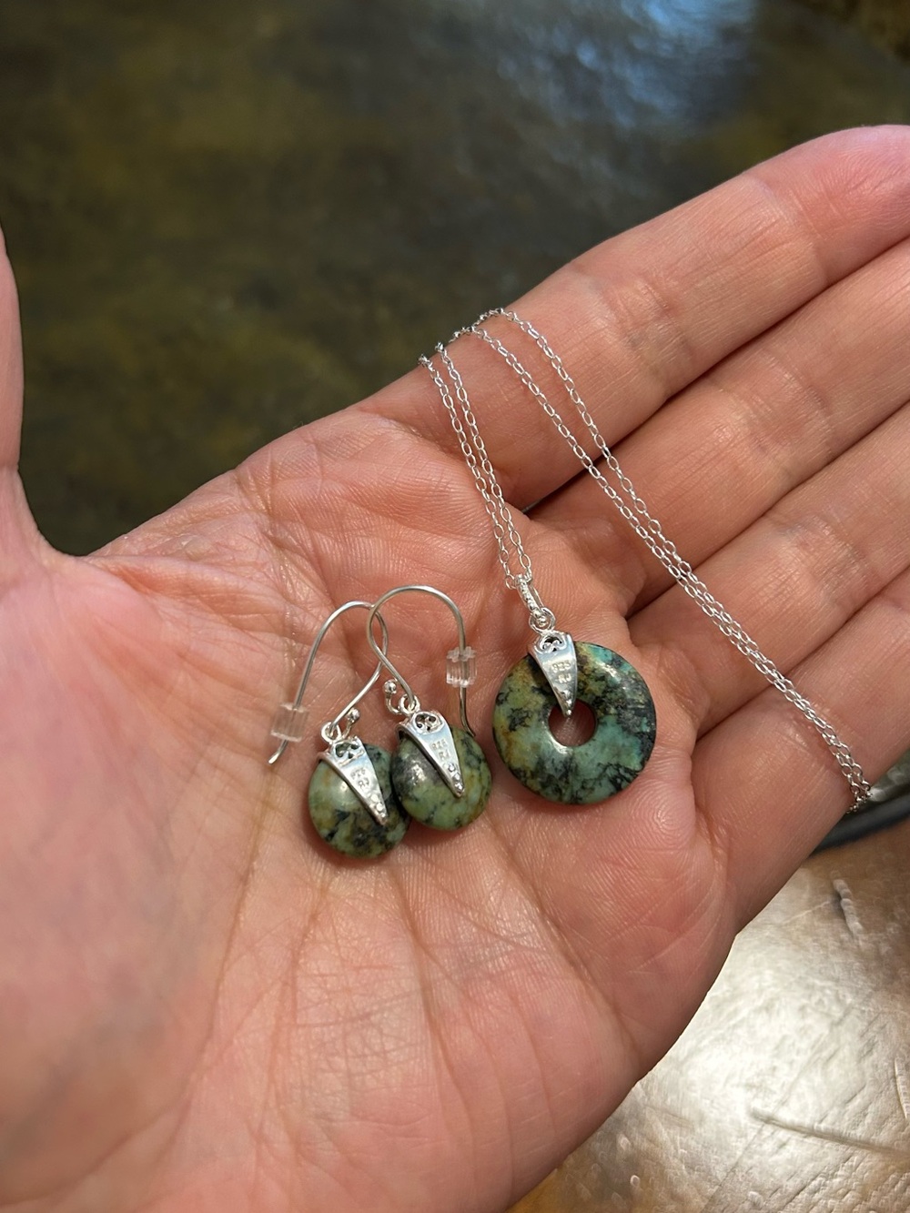 Estate Sale 925 Sterling Silver Green Turquoise Donut Necklace & Earrings Set